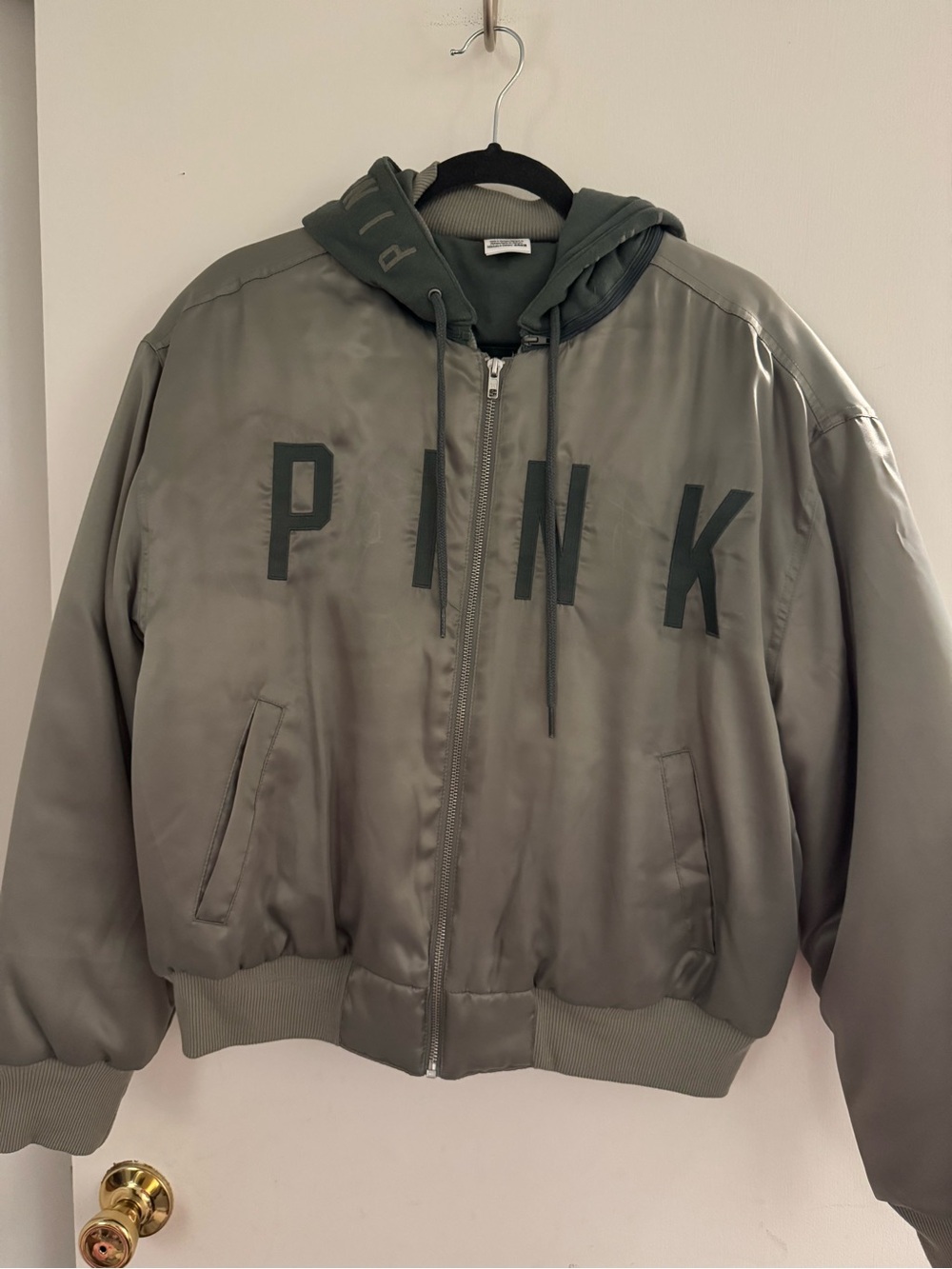 PINK light sage/olive Green Satin Bomber Jacket with removable Hood